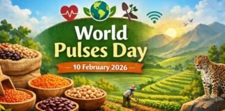 World Pulses Day: Importance, Benefits & Why Pulses Matter A vibrant, agricultural scene celebrating World Pulses Day: fields and terraced hillsides with lush crops, baskets of colorful pulses in the foreground, and a banner reading “World Pulses Day – 10 February 2026,” set against a bright blue sky with a few clouds.