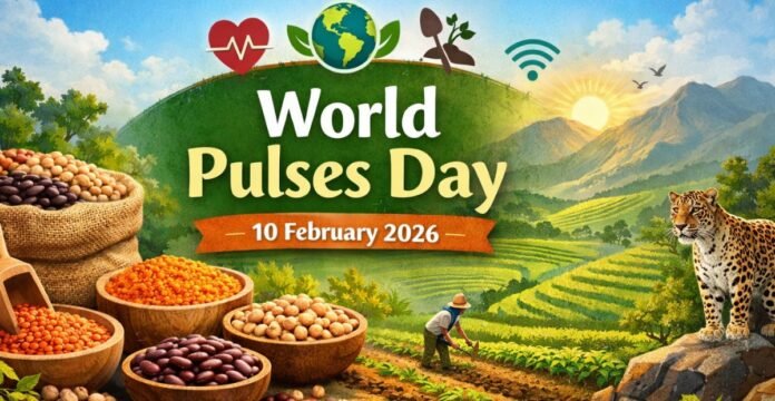 A vibrant, agricultural scene celebrating World Pulses Day: fields and terraced hillsides with lush crops, baskets of colorful pulses in the foreground, and a banner reading “World Pulses Day – 10 February 2026,” set against a bright blue sky with a few clouds.