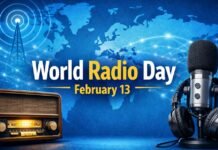 World Radio Day 2026 – Theme, Importance & Celebration Ideas A promotional image for World Radio Day showing a vintage wooden radio on the left, a modern microphone with headphones on the right, and a blue world map backdrop with radio towers and glowing lines.