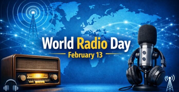 A promotional image for World Radio Day showing a vintage wooden radio on the left, a modern microphone with headphones on the right, and a blue world map backdrop with radio towers and glowing lines.