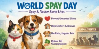 World Spay Day: Why Spaying & Neutering Saves Lives A colorful World Spay Day poster featuring a cat and a dog sitting side by side in front of an animal shelter. The right side lists benefits such as preventing unwanted litters, helping shelters and rescues, healthier and happier pets, and reducing pet overpopulation, with a sun and birds in the background. World Spay Day