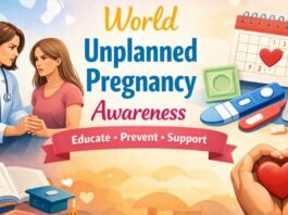 A colorful banner promoting World Unplanned Pregnancy Awareness. It shows a doctor consoling a young woman, with icons for pregnancy planning such as a calendar, pregnancy tests, condoms, and birth control pills. Educational elements like a graduation cap and an open book appear, while hands form a heart to symbolize support.