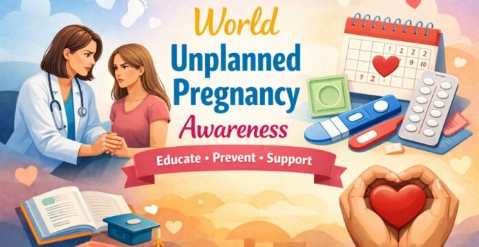A colorful banner promoting World Unplanned Pregnancy Awareness. It shows a doctor consoling a young woman, with icons for pregnancy planning such as a calendar, pregnancy tests, condoms, and birth control pills. Educational elements like a graduation cap and an open book appear, while hands form a heart to symbolize support.