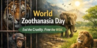 World Zoothanasia Day: Ending Animal Cruelty in Zoos “World Zoothanasia Day awareness image showing a tiger and chimpanzee in cages on the left and free wildlife including a lion and elephant on the right, promoting animal freedom and sanctuary support.”