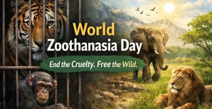 “World Zoothanasia Day awareness image showing a tiger and chimpanzee in cages on the left and free wildlife including a lion and elephant on the right, promoting animal freedom and sanctuary support.”