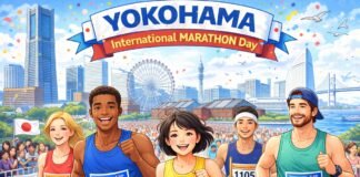 Yokohama International Marathon Day: Celebration Guide A colorful illustration of the Yokohama International Marathon Day. In the foreground, five diverse cartoon runners smile as they race toward the viewer. Behind them is a large crowd of runners and spectators, with Yokohama’s skyline including a Ferris wheel, tall buildings, and a bridge. A banner at the top reads “YOKOHAMA International MARATHON Day” with confetti and seagulls in the sky. Yokohama International Marathon Day