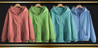 The Essential Zip-Up Plain Hoodie for Everyday Style Four zip-up plain hoodies in rose, green, teal, and blue hanging on wooden hangers against a dark, blurred background with gold accents; each hoodie features a zipper and two front pockets.