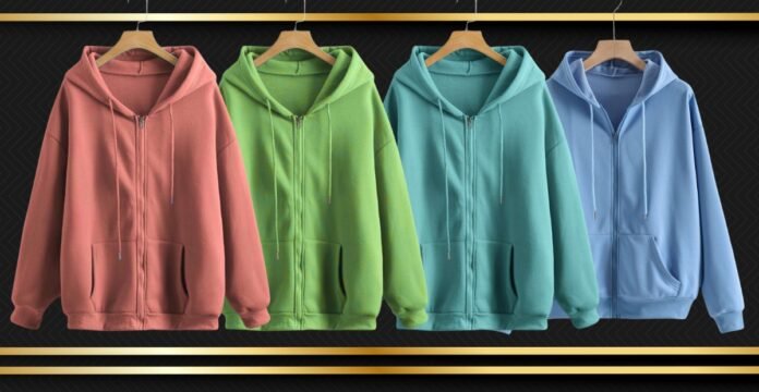 Four zip-up plain hoodies in rose, green, teal, and blue hanging on wooden hangers against a dark, blurred background with gold accents; each hoodie features a zipper and two front pockets.