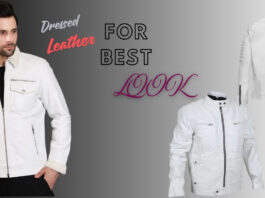 Luxury Dressed leather Jacket for MEN A male model wearing a white leather jacket with a faux fur collar on the left; two additional views of the same jacket (front unzipped and back) are shown on the right against a two-tone gray background with the text “Dressed Leather FOR BEST LOOK.