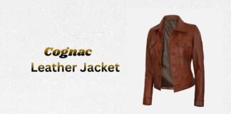 Cognac Leather Jacket Designed for Everyday Style and Comfort A cognac-colored leather jacket is displayed on the right, opened to reveal the lining, while the left side of the image shows the words “Cognac” and “Leather Jacket” in bold, golden letters on a textured light background.