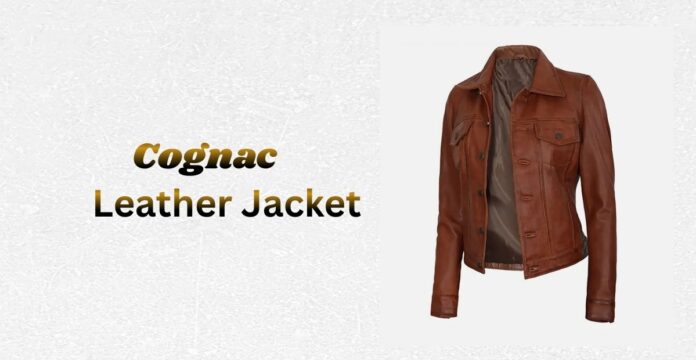 cognac leather jacket A cognac-colored leather jacket is displayed on the right, opened to reveal the lining, while the left side of the image shows the words “Cognac” and “Leather Jacket” in bold, golden letters on a textured light background.