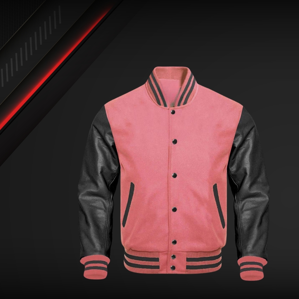 A pink and black varsity-style leather jacket with pink suede body and black leather sleeves. It features black snap buttons down the front, black striped ribbed cuffs and waist, and pink ribbed collar with black stripes. The background is dark with a red diagonal accent in the upper left.