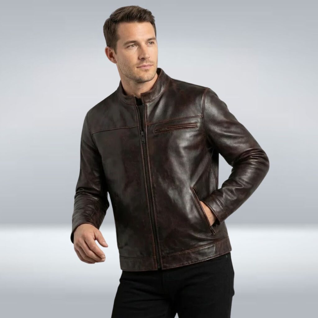 Hipster Leather Jacket With Modern Style 7 Hipster leather jacket hanging on a wooden hanger with a matte black finish.