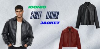 Iconic Street Leather Jacket – Premium Streetwear Edition A promotional image featuring three leather jackets: on the left, a male model wearing a black leather jacket over a white t-shirt and dark jeans; on the right, two additional jackets—a black leather jacket above and a red leather jacket below—against a light, textured white background. The text “ICONIC STREET LEATHER JACKET” appears in green and blue.