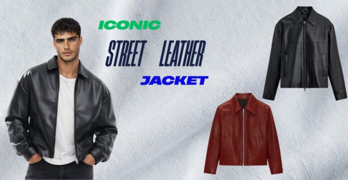 A promotional image featuring three leather jackets: on the left, a male model wearing a black leather jacket over a white t-shirt and dark jeans; on the right, two additional jackets—a black leather jacket above and a red leather jacket below—against a light, textured white background. The text “ICONIC STREET LEATHER JACKET” appears in green and blue.