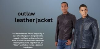 Outlaw Leather Jacket – Rugged Style for Every Adventure Two men wearing dark leather jackets stand against a gradient blue background; bold text on the left reads 'outlaw leather jacket'.