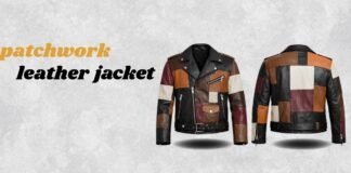 Stylish Patchwork Leather Jacket with Bold Multicolor Design A patchwork leather jacket shown from the front and back. The jacket features a mosaic of colored leather panels in black, brown, tan, white, and burgundy. It has zippers, pockets, and a belt at the waist. On the left side of the image, the words 'patchwork' in yellow and 'leather jacket' in black are displayed.