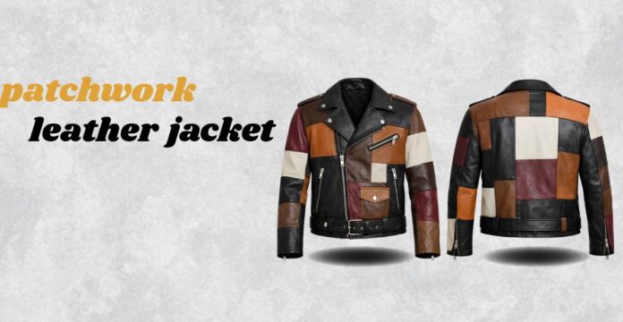 A patchwork leather jacket shown from the front and back. The jacket features a mosaic of colored leather panels in black, brown, tan, white, and burgundy. It has zippers, pockets, and a belt at the waist. On the left side of the image, the words 'patchwork' in yellow and 'leather jacket' in black are displayed.