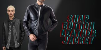 Snap Button Leather Jackets for Everyday Urban Fashion Two men modeling black leather jackets against a dark gray background. Large red and blue text on the right reads 'SNAP BUTTON LEATHER JACKET'.
