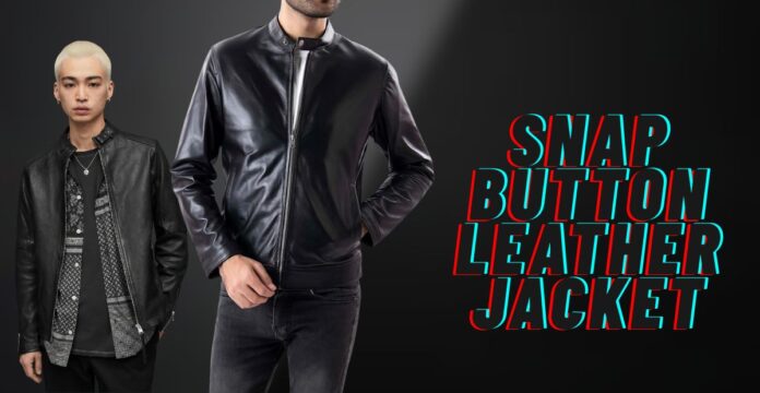 Two men modeling black leather jackets against a dark gray background. Large red and blue text on the right reads 'SNAP BUTTON LEATHER JACKET'.