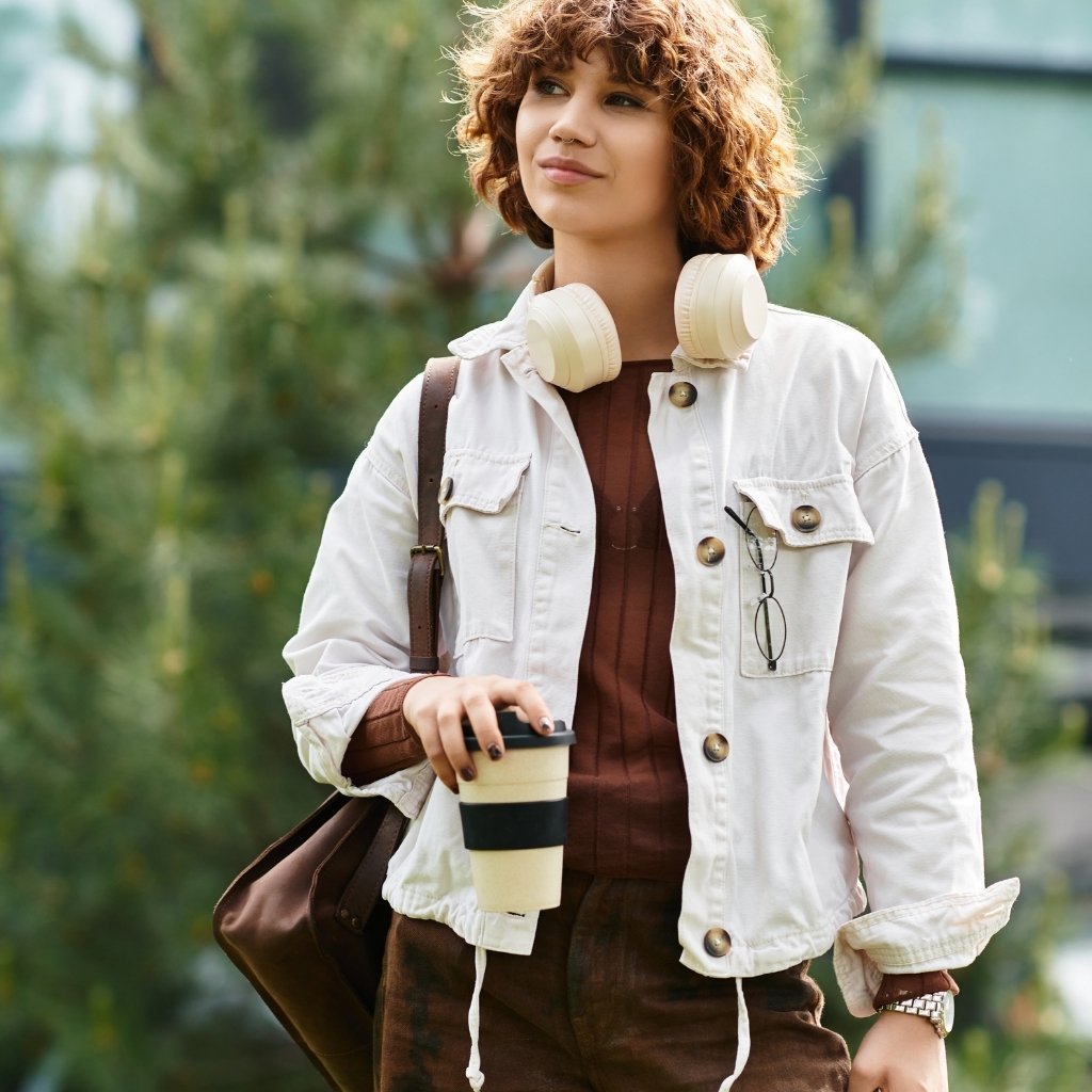 A young woman with short, curly red hair stands outdoors in casual attire, wearing a white denim jacket over a brown sweater and brown pants. She has beige over-ear headphones around her neck, a brown shoulder bag, glasses clipped to her jacket, and holds a to-go coffee cup. A tree and building appear blurred in the background.