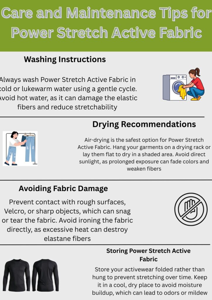 “Infographic with care and maintenance tips for Power Stretch Active Fabric, including sections on Washing Instructions, Drying Recommendations, Avoiding Fabric Damage, and Storing Power Stretch Active Fabric, with small illustrative icons.”
Power Stretch Active Fabric:
