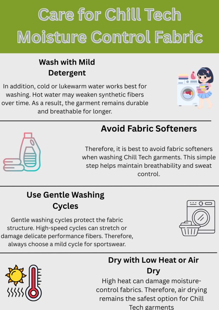 A vertical infographic titled “Care for Chill Tech Moisture Control Fabric” with four sections:
Wash with Mild Detergent — advises cold or lukewarm water to preserve fibers; shows a small illustration of a girl with laundry near a washing machine.
Avoid Fabric Softeners — recommends skipping fabric softeners to maintain breathability; illustration of a bottle beside towels.
Use Gentle Washing Cycles — explains gentle cycles protect fabric; illustration of a washing machine.
Dry with Low Heat or Air Dry — warns against high heat; illustration of a sun and thermometer. Each section includes short explanatory text.Chill Tech Moisture Control Fabric: