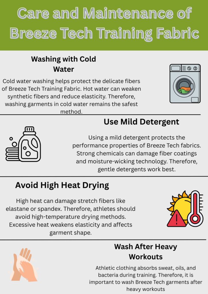 “A vertical infographic titled ‘Care and Maintenance of Breeze Tech Training Fabric’ with four sections: Washing with Cold Water (icon of washing machine), Use Mild Detergent (detergent bottle icon), Avoid High Heat Drying (sun and thermometer icon), and Wash After Heavy Workouts (hands icon).”Breeze Tech Training Fabric:
