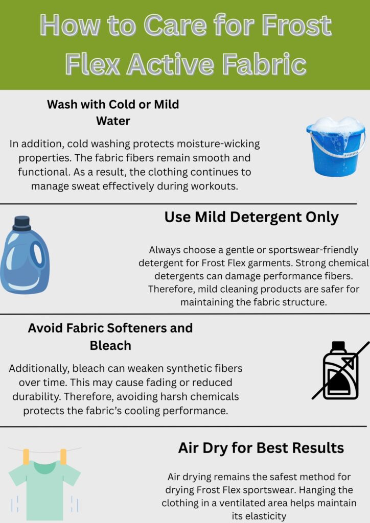 Alt text: “An infographic titled ‘How to Care for Frost Flex Active Fabric’ with sections about washing with cold or mild water, using mild detergent only, avoiding fabric softeners and bleach, and air drying for best results. Includes small icons of a detergent bottle, a washing symbol, a bleach bottle with a cross, and a hanging shirt.”
Frost Flex Active Fabric:
