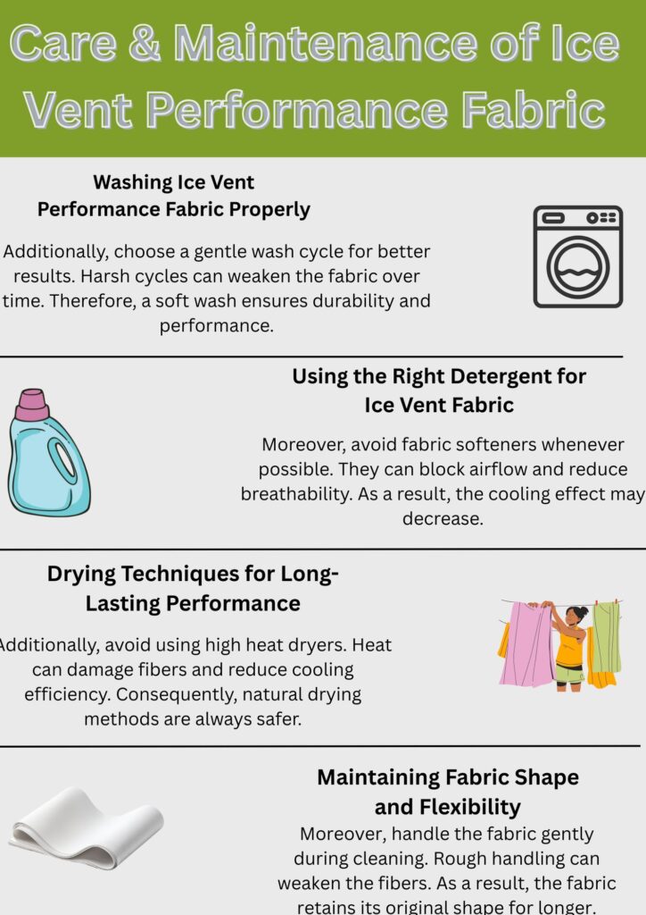 Ice Vent Performance Fabric: Stay Cool, Dry & Game-Ready Pro 12 "Infographic with four sections showing proper care instructions for Ice Vent Performance Fabric: washing (cold water, gentle cycle), detergent use (mild, non-bleach), drying (air dry or low heat), and maintaining shape (avoid stretching, hang to dry). Each section includes illustrated icons and concise text instructions."
Ice Vent Performance Fabric: