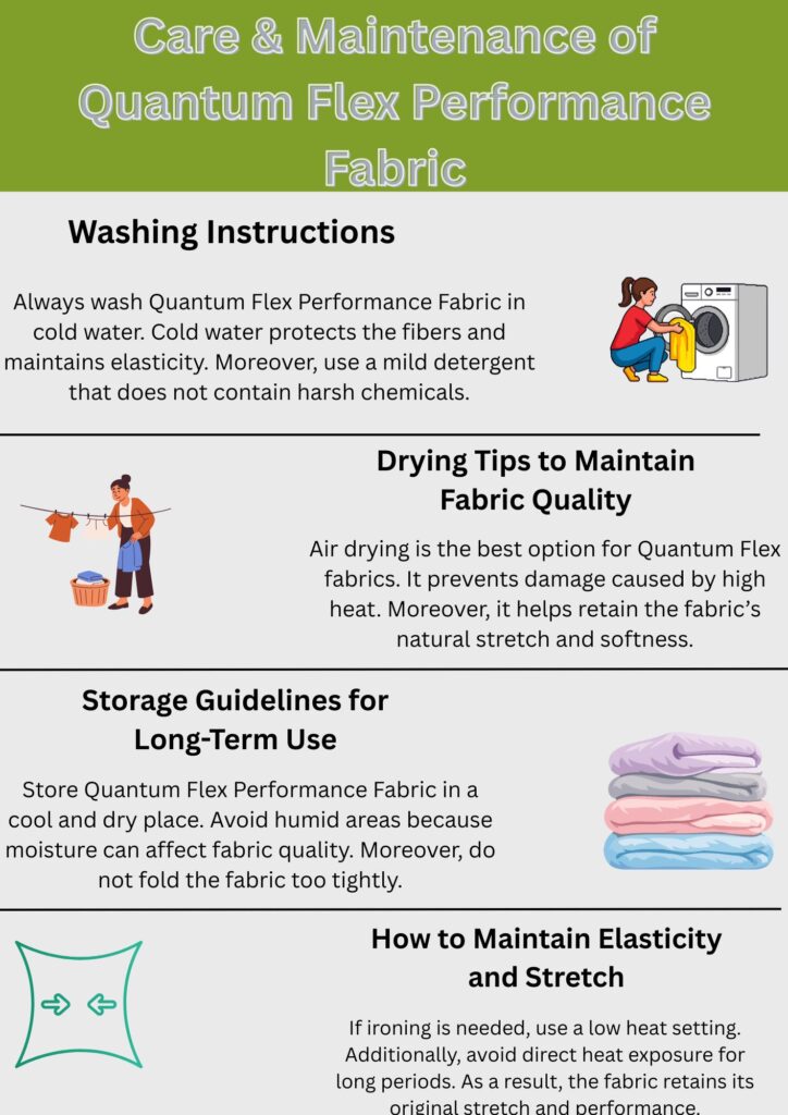 Quantum Flex Performance Fabric: Move Better, Perform Better 12 "Infographic showing care instructions for Quantum Flex Performance Fabric: washing, drying, storing, and maintaining elasticity, with cartoon illustrations demonstrating each step."
Quantum Flex Performance Fabric: