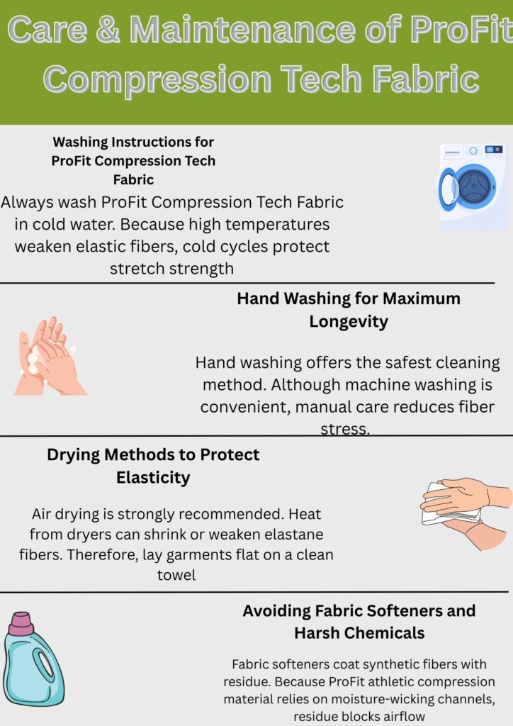 A vertical infographic titled “Care & Maintenance of ProFit Compression Tech Fabric.” The page is divided into four sections with bold headings:
Washing Instructions for ProFit Compression Tech Fabric – with a small washing machine illustration; text notes to wash in cold water to protect elasticity.
Hand Washing for Maximum Longevity – with a hands icon; text explains hand washing is safest and reduces fiber stress.
Drying Methods to Protect Elasticity – with a hand holding a towel icon; text recommends air drying and laying flat on a towel.
Avoiding Fabric Softeners and Harsh Chemicals – with a detergent bottle icon; text warns about residue blocking moisture-wicking channels.ProFit Compression Tech Fabric