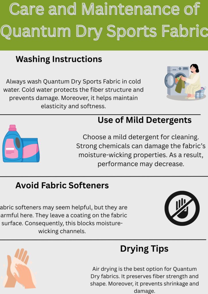 "Infographic poster titled 'Quantum Dry Sports Fabric Care' with four illustrated care tips: washing, detergent use, no fabric softener, and air drying."

Quantum Dry Sports Fabric