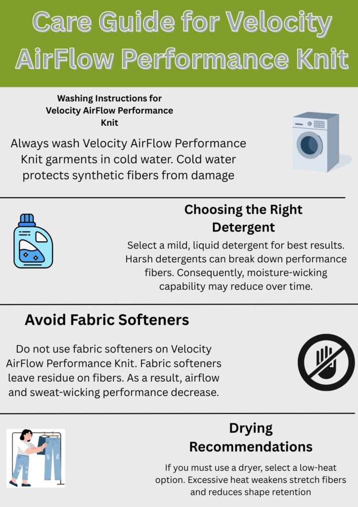 Velocity AirFlow Performance Knit: Breathable Sports Fabric 12 A care guide infographic for Velocity AirFlow Performance Knit, detailing washing in cold water, using a mild liquid detergent, avoiding fabric softeners, and drying with low heat.
Velocity AirFlow Performance Knit: