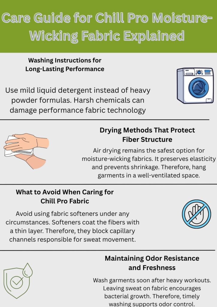 "Infographic titled 'Care Guide for Chill Pro Moisture-Wicking Fabric Explained' with sections on washing instructions, drying methods, things to avoid, and maintaining odor resistance. Includes icons of a washing machine, hands wiping, a no-softeners symbol, and a shield representing freshness."

Chill Pro Moisture-Wicking Fabric Explained: