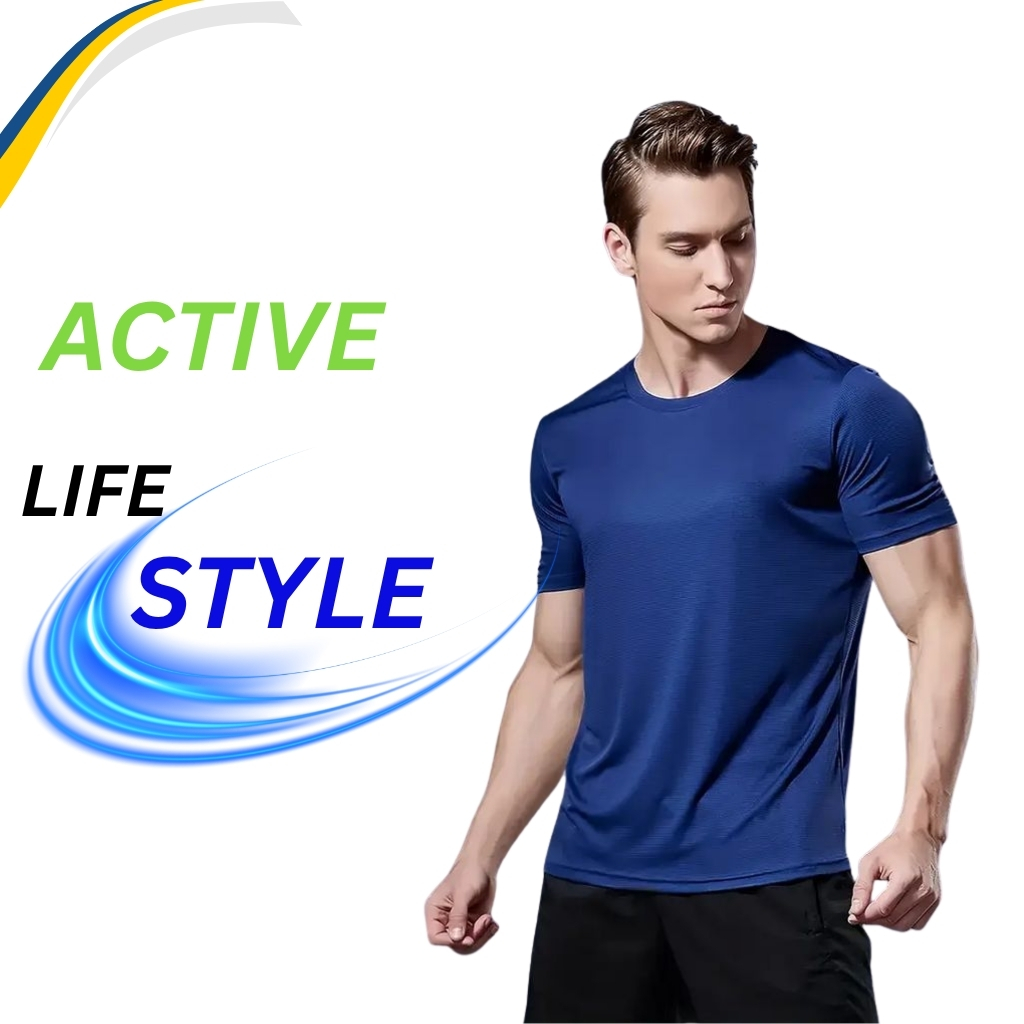 Athletic blue men’s t-shirt featuring a fitted crew-neck design.