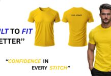 Athletic Fit T-Shirts: Built for Broad Shoulders and a Lean Waist Athletic fit yellow t-shirt shown on a male model with the text “BUILT TO FIT BETTER” and “CONFIDENCE IN EVERY STITCH.”