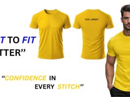 Athletic fit yellow t-shirt shown on a male model with the text “BUILT TO FIT BETTER” and “CONFIDENCE IN EVERY STITCH.”