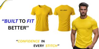 Athletic Fit T-Shirts: Built for Broad Shoulders and a Lean Waist Athletic fit yellow t-shirt shown on a male model with the text “BUILT TO FIT BETTER” and “CONFIDENCE IN EVERY STITCH.”