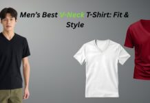 Best V-Neck T-Shirts for Men: Style, Comfort & Fit Men’s best v-neck T-shirt shown in three views: a model wearing a black V-neck tee, plus white and red V-neck T-shirts on a gray background.