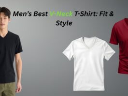 Men’s best v-neck T-shirt shown in three views: a model wearing a black V-neck tee, plus white and red V-neck T-shirts on a gray background.