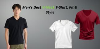 Best V-Neck T-Shirts for Men: Style, Comfort & Fit Men’s best v-neck T-shirt shown in three views: a model wearing a black V-neck tee, plus white and red V-neck T-shirts on a gray background.