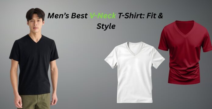 Men’s best v-neck T-shirt shown in three views: a model wearing a black V-neck tee, plus white and red V-neck T-shirts on a gray background.
