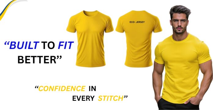 Athletic fit yellow t-shirt shown on a male model with the text “BUILT TO FIT BETTER” and “CONFIDENCE IN EVERY STITCH.”