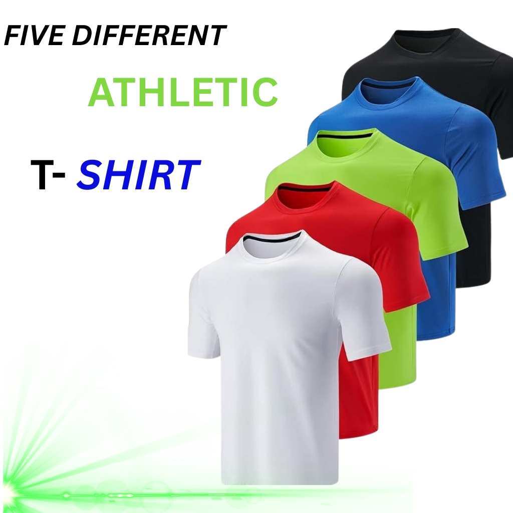 Athletic fit T-shirt in black, blue, green, red, and white colors—pack of five performance-style tees.