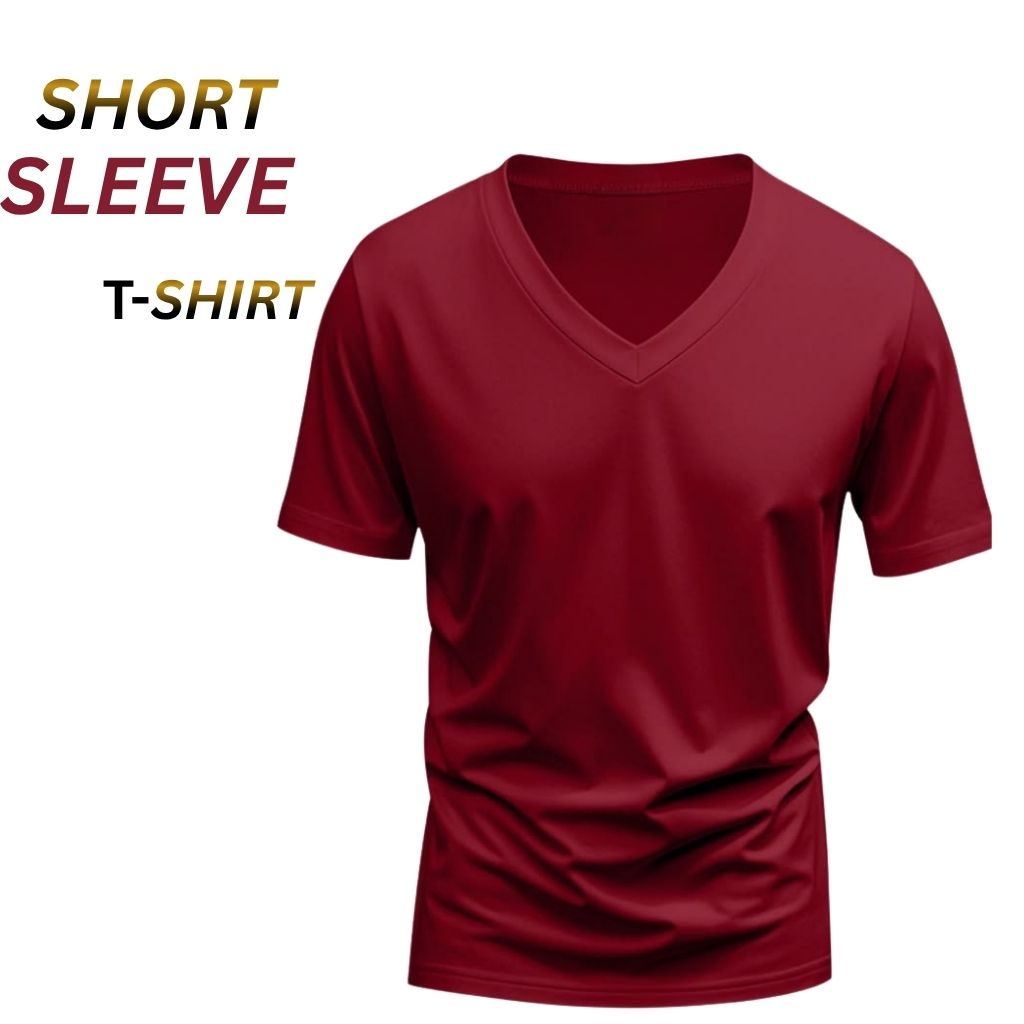 “Model wearing a V-Neck T-Shirt in [color] fabric with short sleeves.”