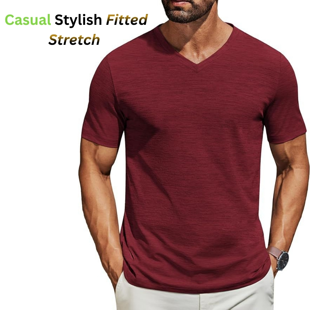 Men’s fitted V-neck stretch t-shirt in deep burgundy, styled with a casual sporty look.