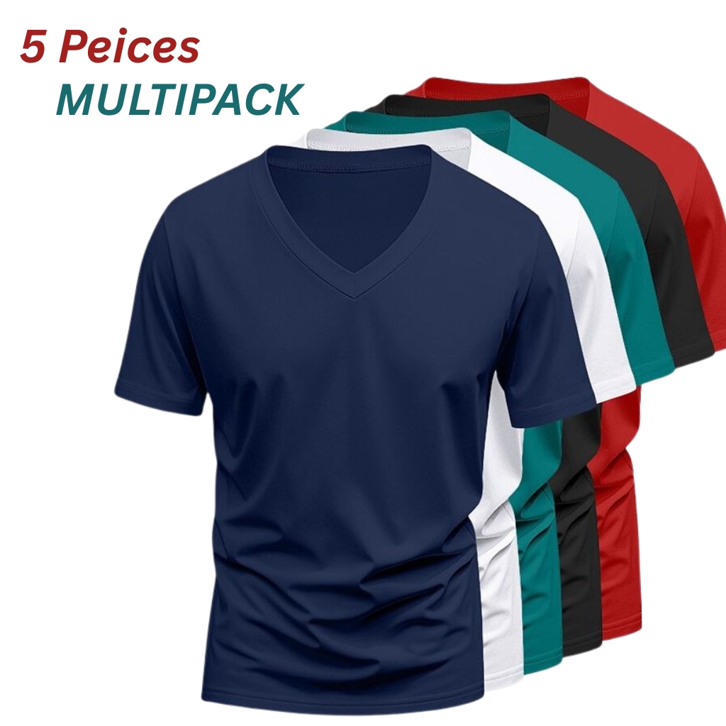 Multipack of five athletic V-neck T-shirts in navy, white, teal, black, and red.