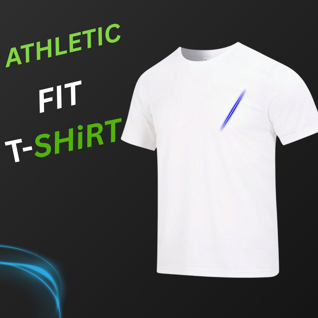 Athletic fit T-shirts in white with a small blue graphic on the chest on a dark background.