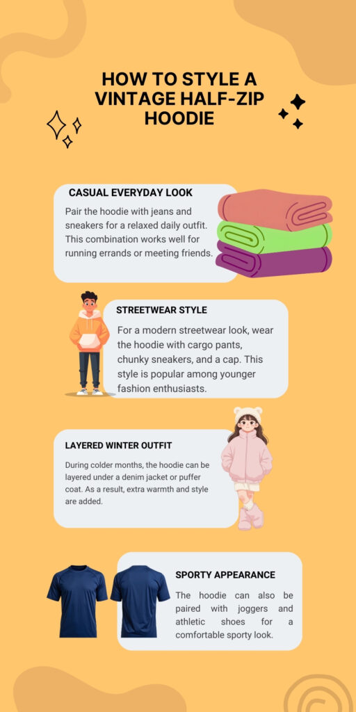 A bright orange infographic titled “How to Style a Vintage Half-Zip Hoodie,” showing four styling ideas with small illustrations: casual everyday look with jeans and sneakers, streetwear style with cargo pants and chunky sneakers, layered winter outfit with a denim jacket or puffer coat, and sporty appearance with joggers and athletic shoes. Each idea is presented in a rounded white text bubble with minimal decorative icons around.